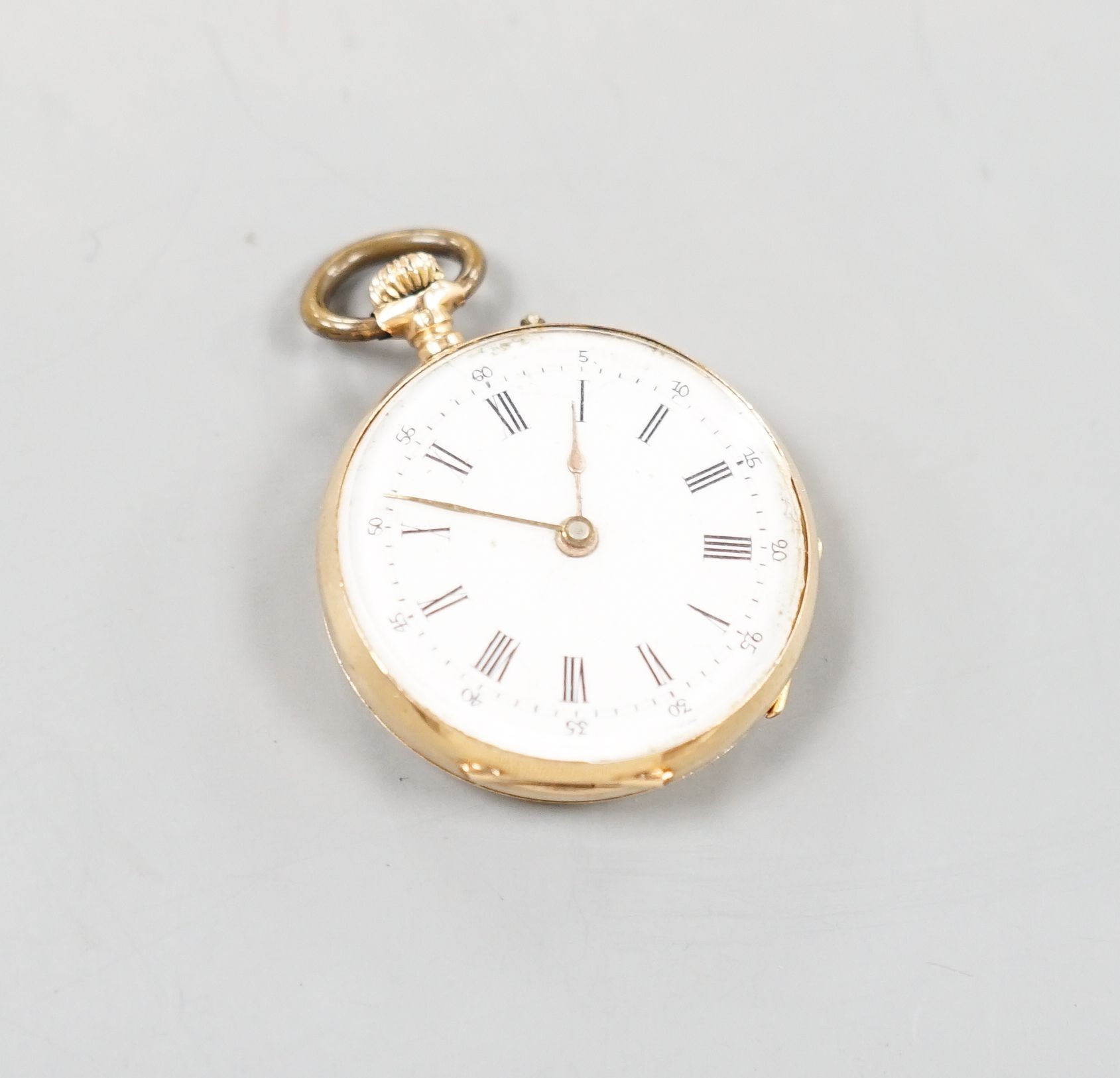 A continental 18k and enamelled open face keyless fob watch, decorated with a young boy hunting, case diameter 30mm